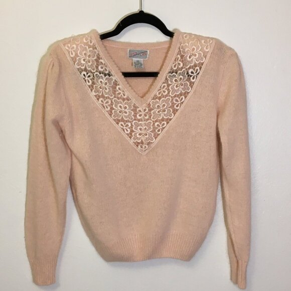 Vintage 80s Angora Blend Sweater Deep V Lace Grannycore Grandma Coquette (T6) - Picture 5 of 13